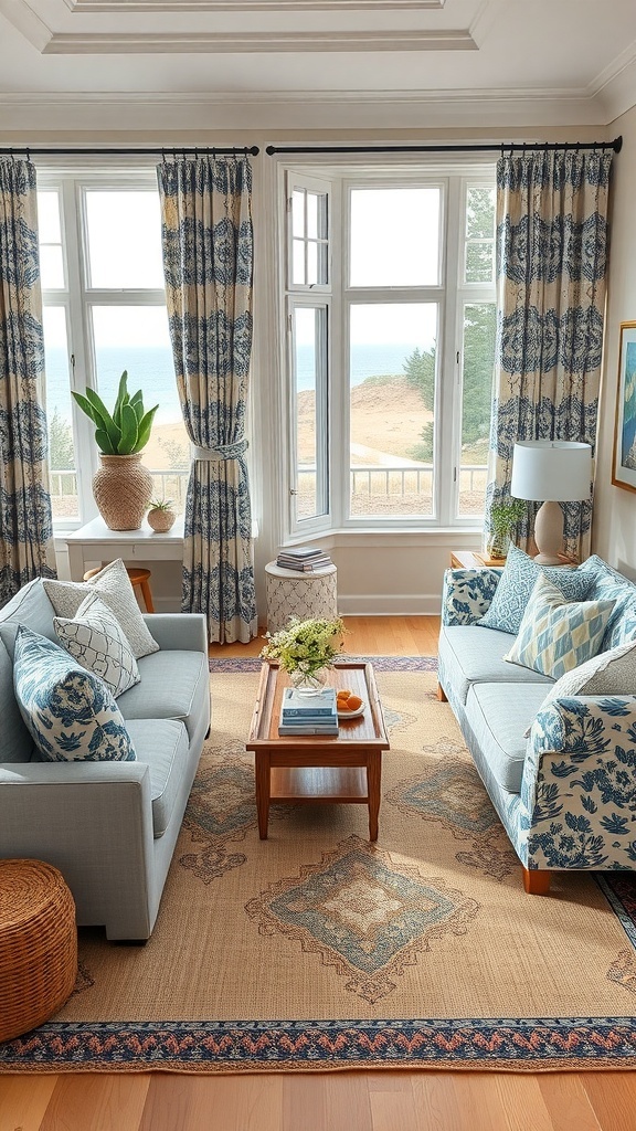 Coastal cottage living room with patterned curtains and cushions