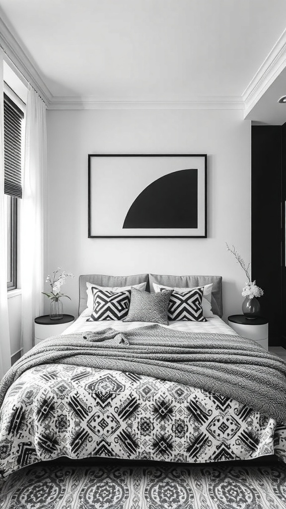 A stylish black and white bedroom featuring various patterns on bedding and decor.