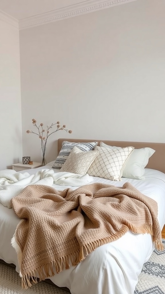 A neutral bedroom with a cozy bed featuring various textured pillows and a soft throw blanket.