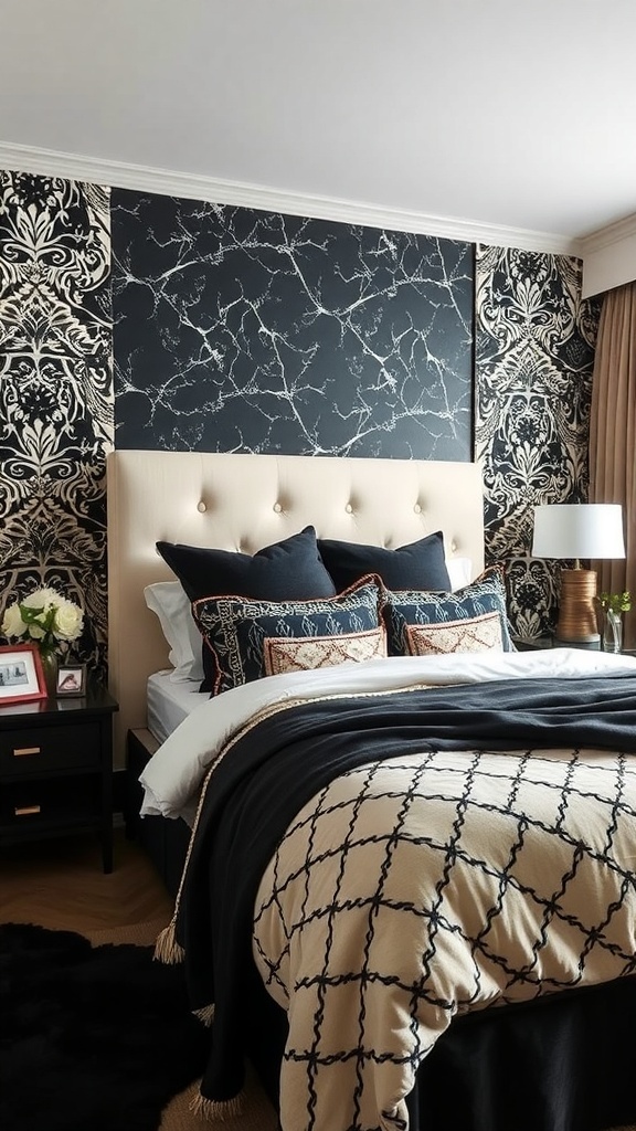 A stylish black and cream bedroom featuring patterned textiles and a cozy atmosphere.