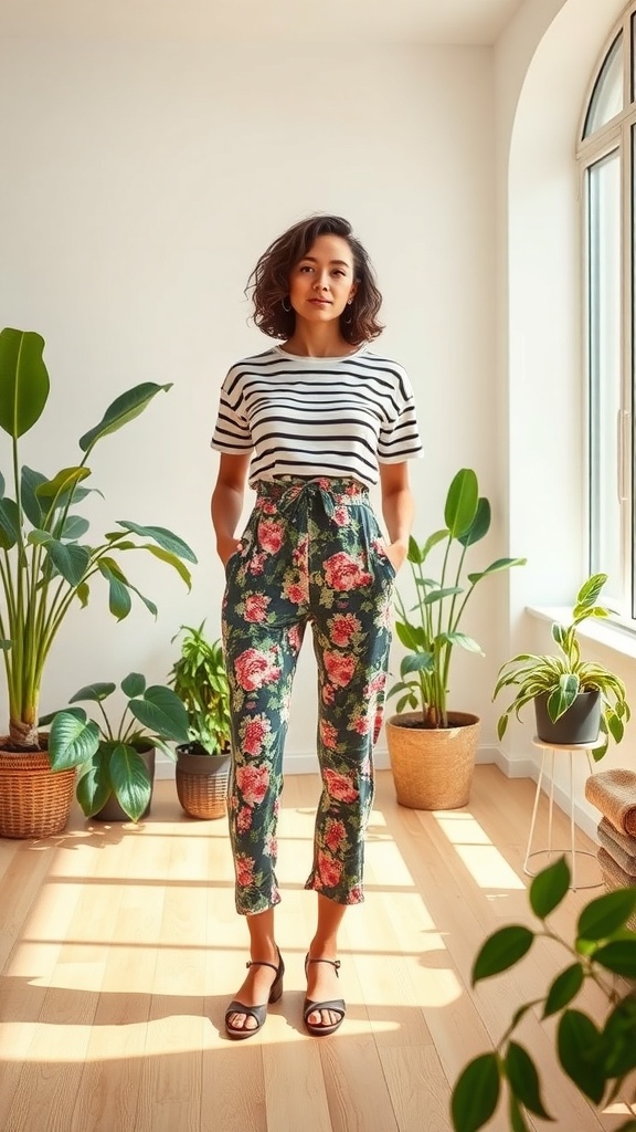 A woman in a striped shirt and floral pants standing in a bright room with plants.