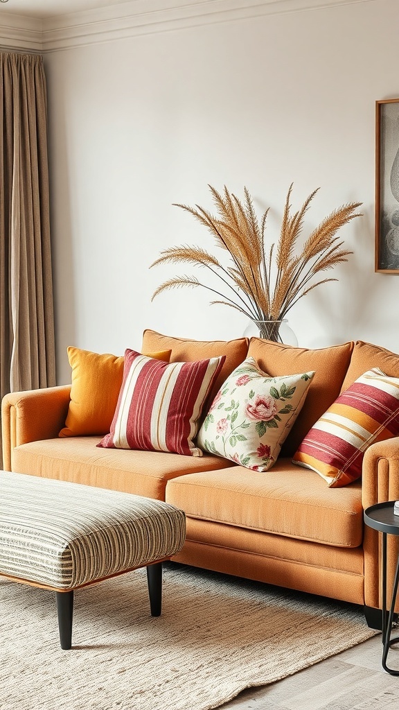 A warm-tone living room featuring an orange sofa with patterned pillows and a striped ottoman.