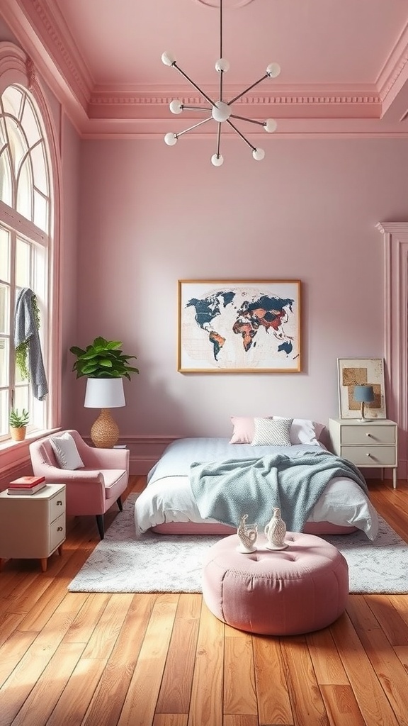 A modern pink bedroom featuring gray accents and wooden flooring.