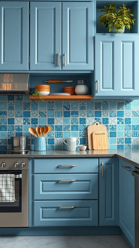 A blue kitchen featuring soft blue cabinets and vibrant blue tile backsplash.