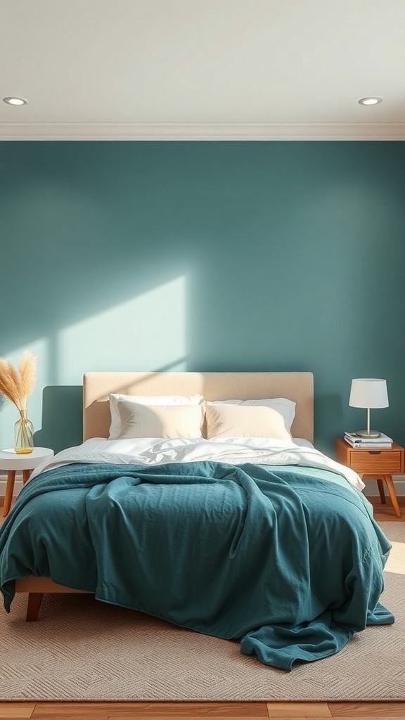 A cozy bedroom featuring a teal wall, neutral bedding, and wooden furniture.
