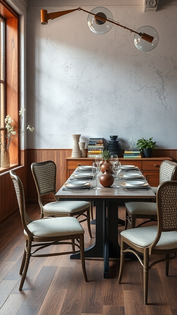 A modern dining area featuring a wooden table, stylish chairs, and decorative vases.