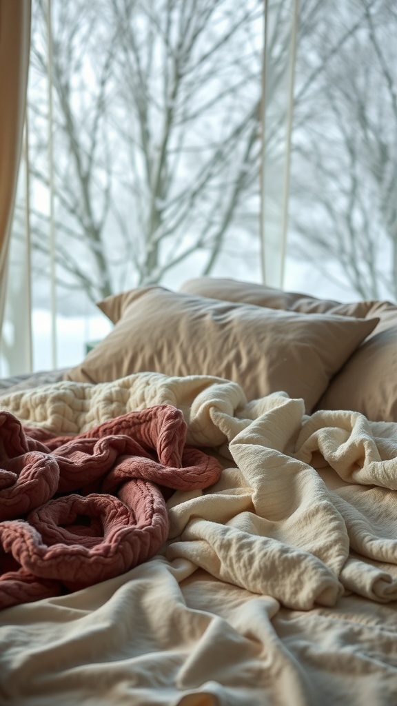 A cozy bed with layered blankets and pillows, showcasing a mix of textures for winter bedding.