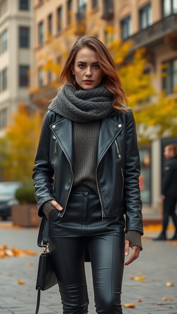 A woman in a leather jacket and knit sweater, showcasing a stylish fall outfit.