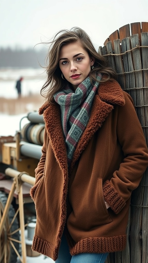 A woman in a brown coat and plaid scarf, standing outdoors in winter.