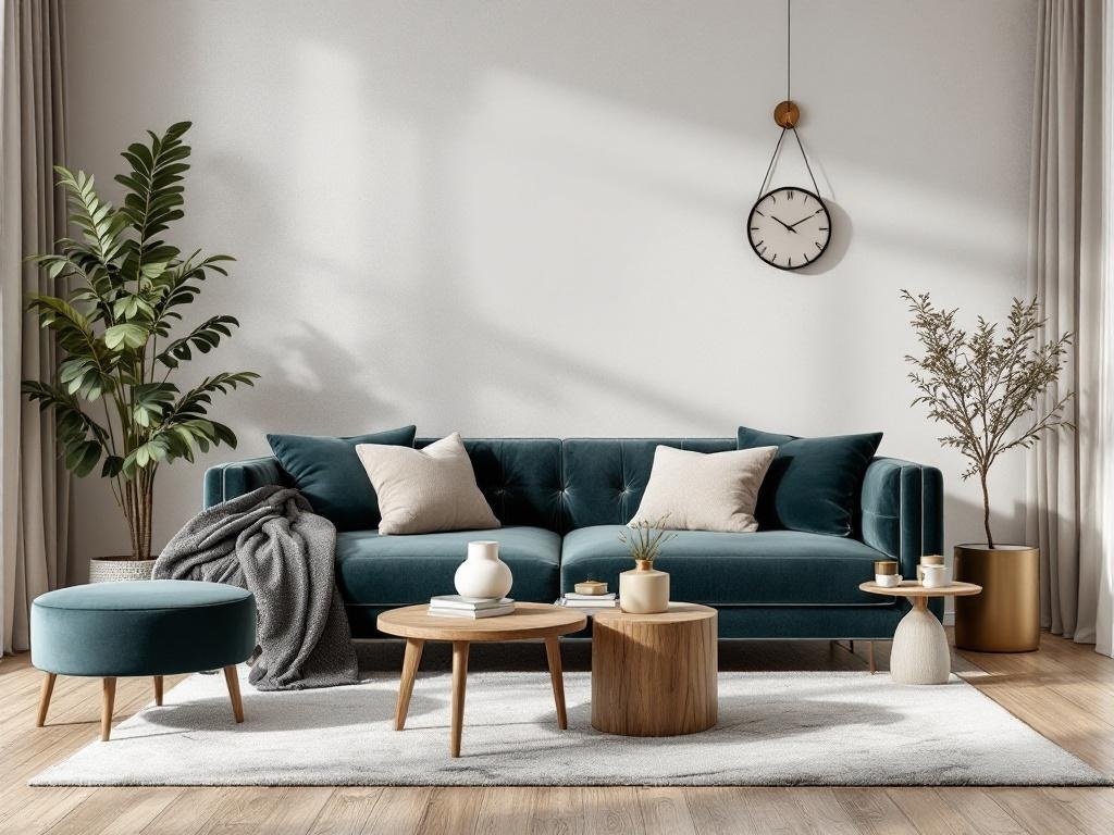 A cozy living room featuring a teal sofa, wooden coffee tables, and plants, showcasing a mix of textures.