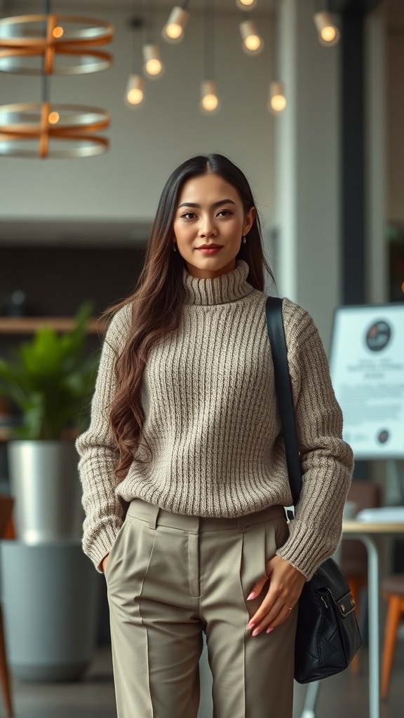 A woman in a cozy beige sweater and tailored beige trousers, showcasing a stylish business casual winter outfit.