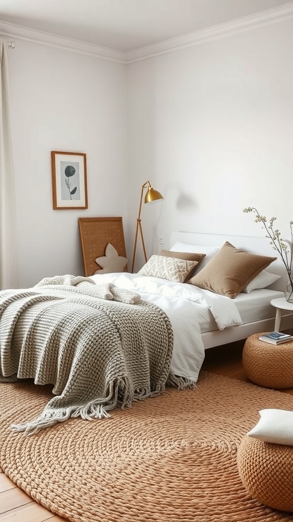 A neutral teen girl bedroom featuring a bed with a chunky knit blanket, soft white bedding, and a round jute rug on wooden flooring.