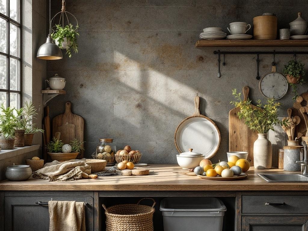 A cozy kitchen with a mix of wooden shelves, metal accents, and soft textiles.