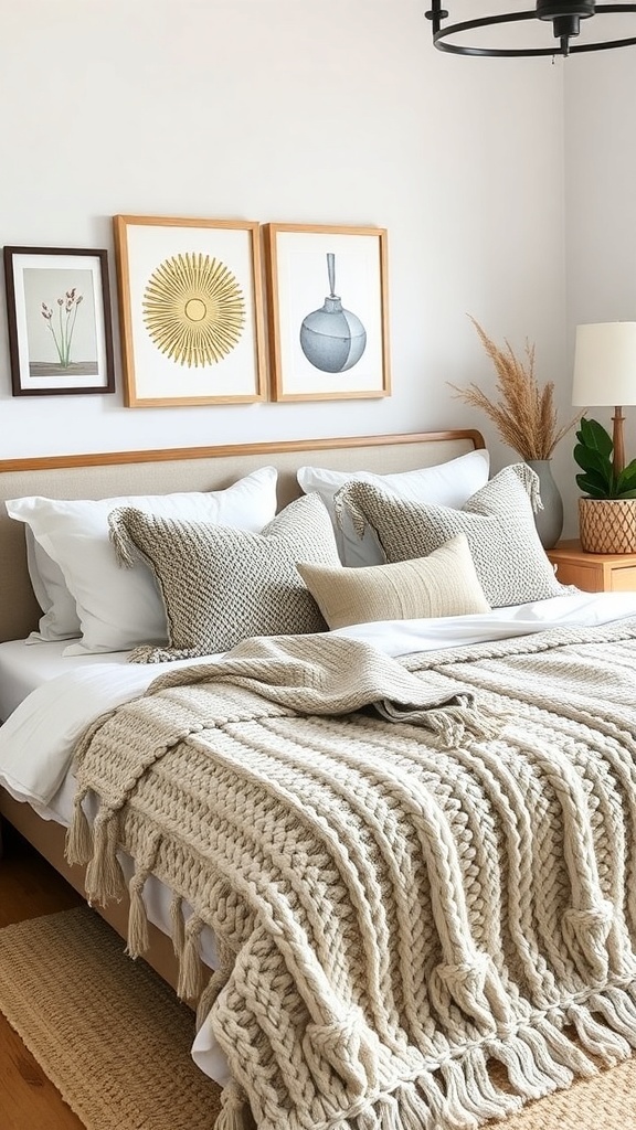 A modern farmhouse bedroom featuring a cozy bed with textured blankets and decorative pillows.