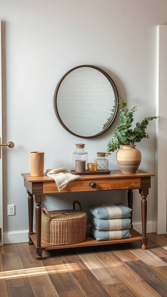 A rustic entryway table with a mirror, plants, and decorative items.