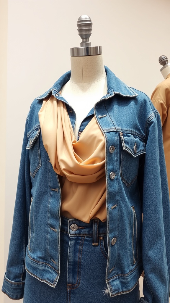 A mannequin displaying a smart casual outfit featuring a draped top and a denim jacket.