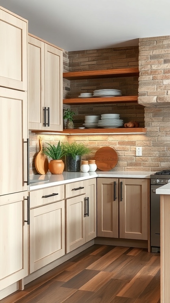 Rustic kitchen with wooden cabinets and stone accents.
