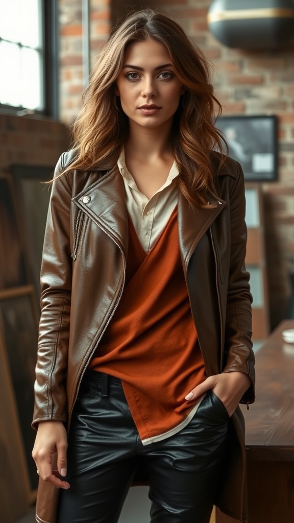A model wearing a leather jacket over a cotton shirt, showcasing a mix of textures for a fall business casual outfit.