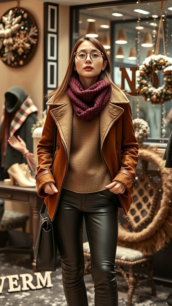A woman in a stylish winter outfit featuring a brown coat, wool sweater, leather pants, and a maroon scarf.