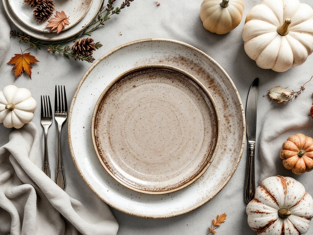 Thanksgiving table setting with mixed textures, featuring rustic and delicate plates, utensils, and decorative pumpkins.