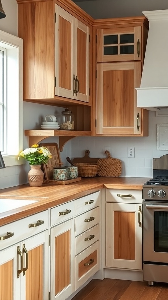 Contemporary farmhouse kitchen featuring wooden cabinets and metal elements.