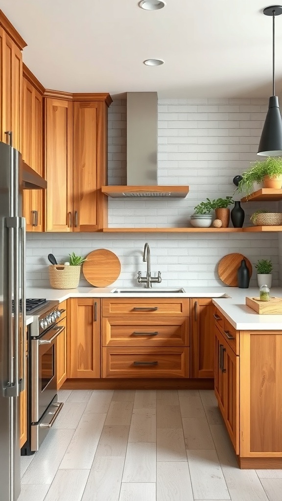 Modern farmhouse kitchen featuring wooden cabinets and metal accents.