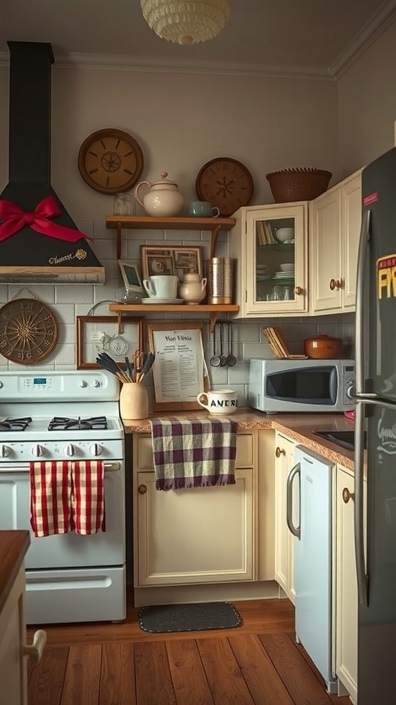 A cozy kitchen featuring vintage decor and modern appliances.