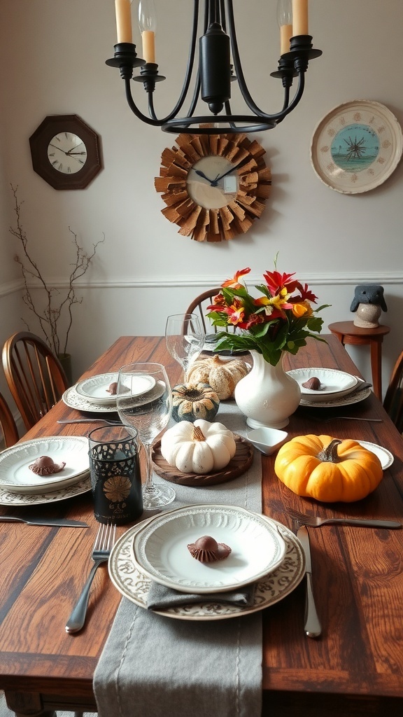A beautifully set Thanksgiving table featuring a mix of vintage and contemporary styles with pumpkins, flowers, and elegant dinnerware.