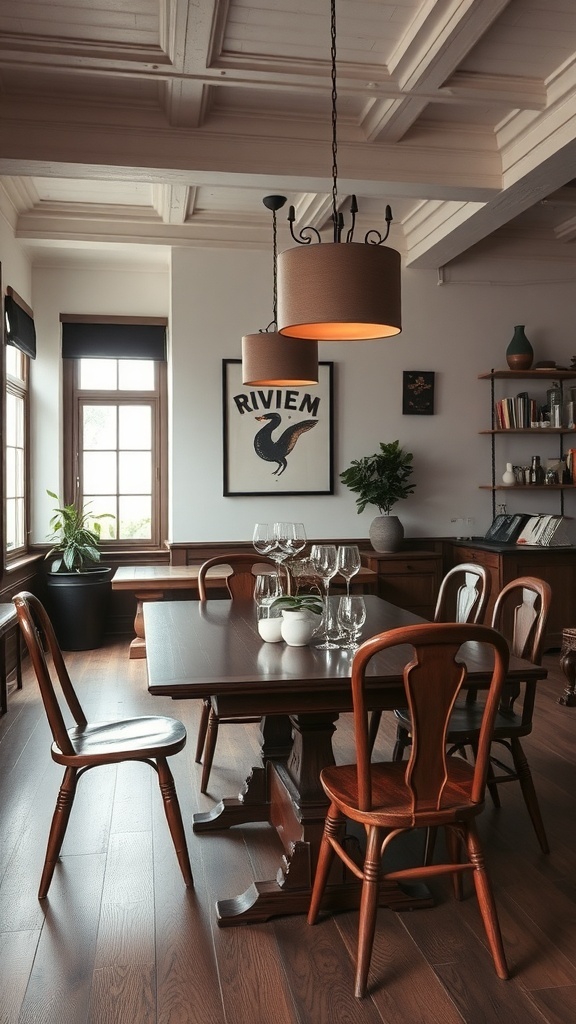 A cozy dining area featuring a rustic wooden table, vintage chairs, and contemporary lighting.