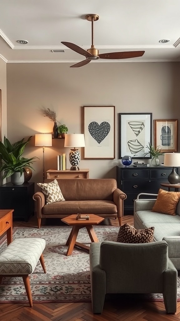 A cozy living room featuring a mix of vintage and modern furniture.