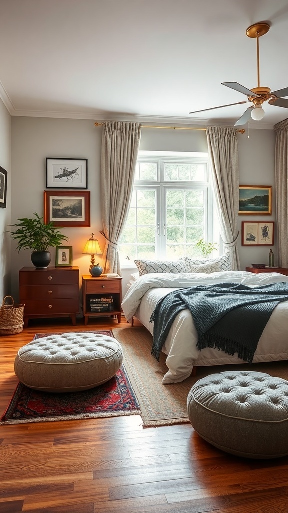 A modern bedroom featuring a mix of vintage and contemporary decor.