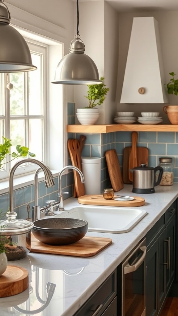 A stylish kitchen countertop featuring a mix of vintage and modern elements.