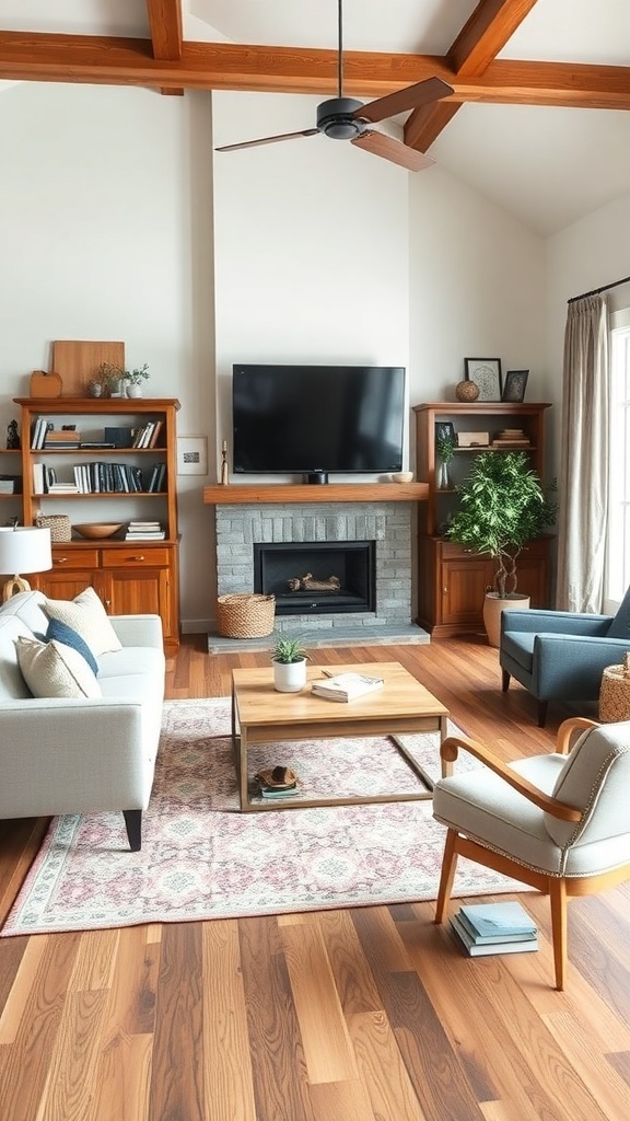 A modern farmhouse living room featuring a mix of vintage and contemporary decor.