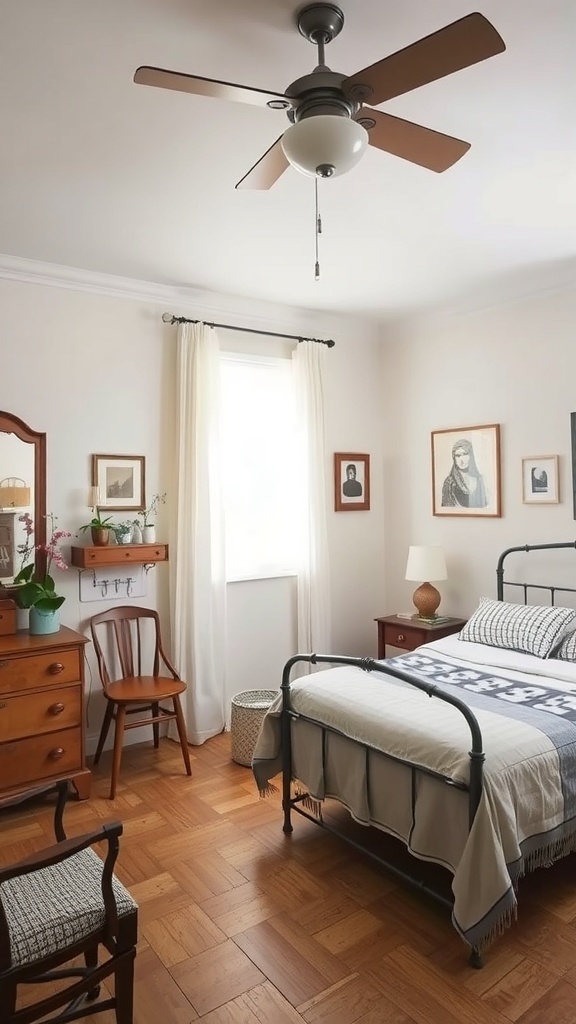 A warm bedroom featuring a mix of vintage and modern decor, including a metal bed frame, wooden furniture, and artwork on the walls.