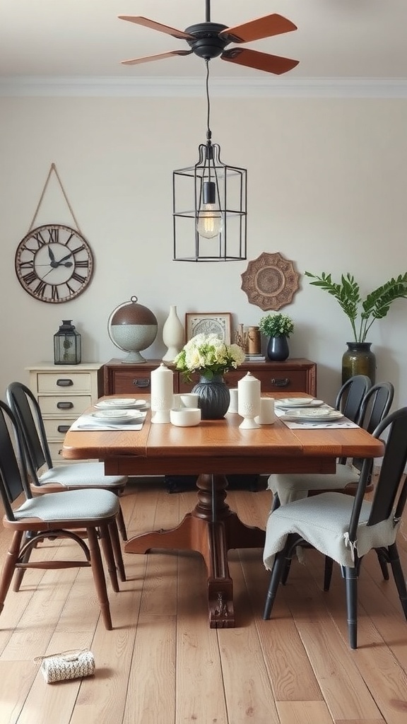 A modern farmhouse dining room featuring a wooden table, black chairs, and vintage decor.