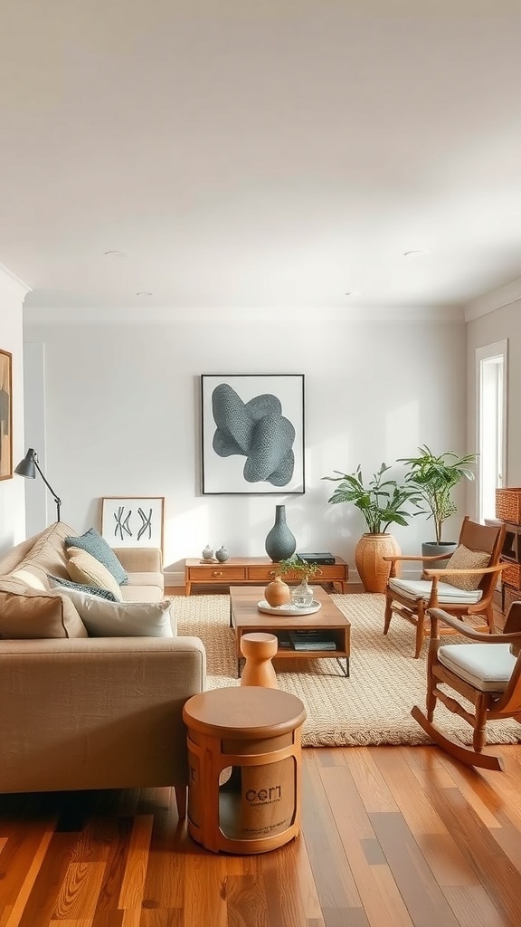 A neutral living room featuring a mix of wood elements, including furniture and decor.