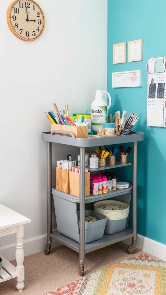 A mobile craft cart filled with various craft supplies like markers, scissors, and paper.