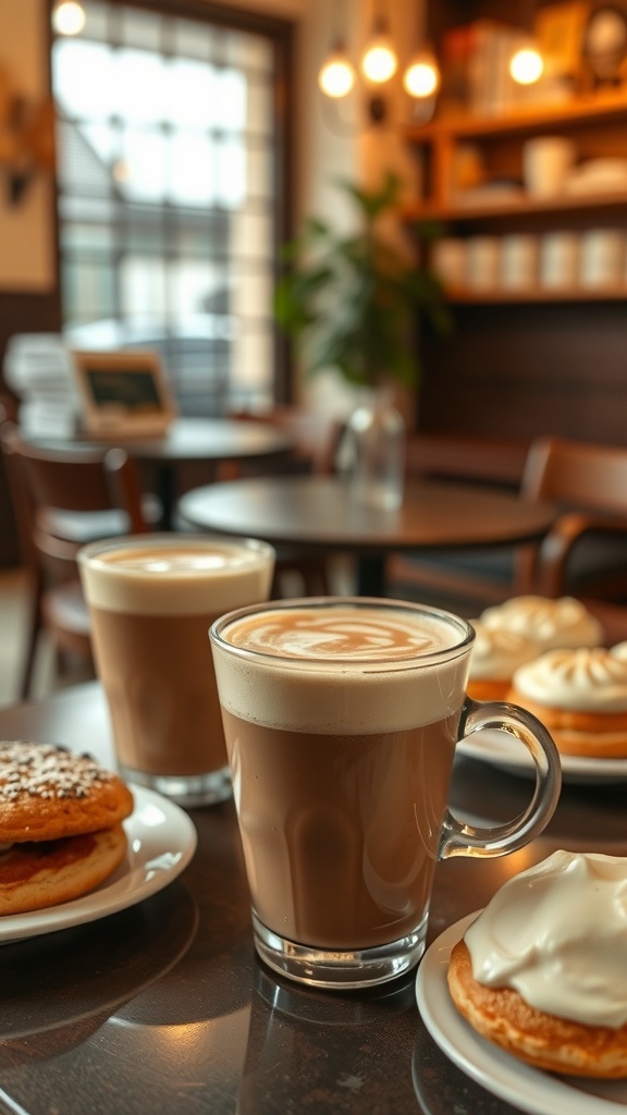 A cozy café scene featuring mocha drinks and cream-filled pastries on a table.
