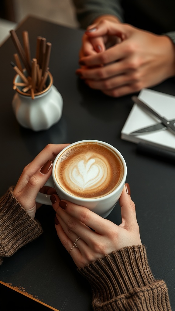 A close-up of hands holding a cup of coffee with brown fingernail polish.