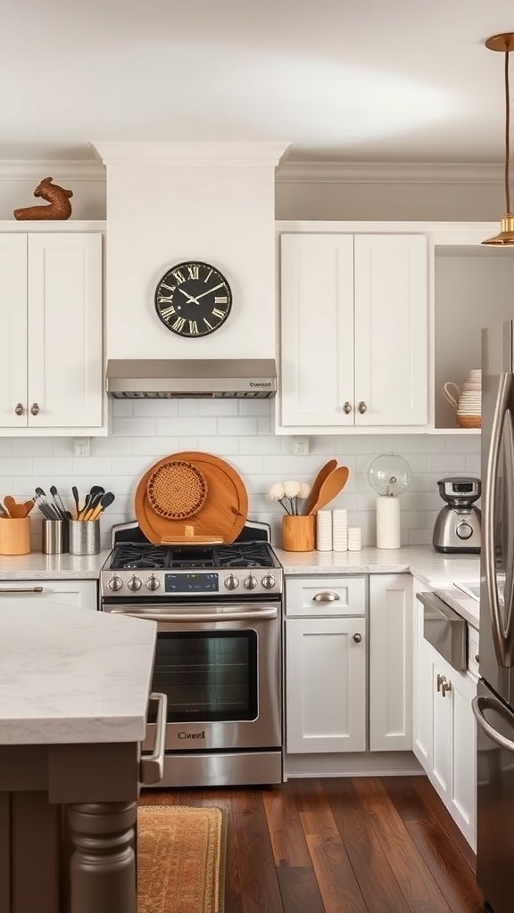 A modern farmhouse kitchen featuring stainless steel appliances and vintage decor.