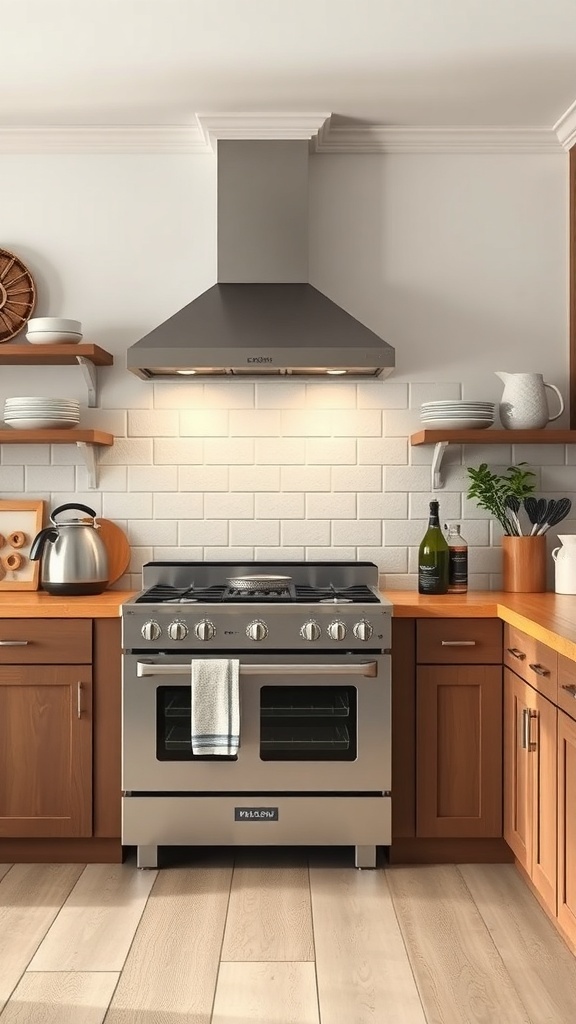 A modern farmhouse kitchen featuring a stainless steel range, wooden cabinets, and open shelving.