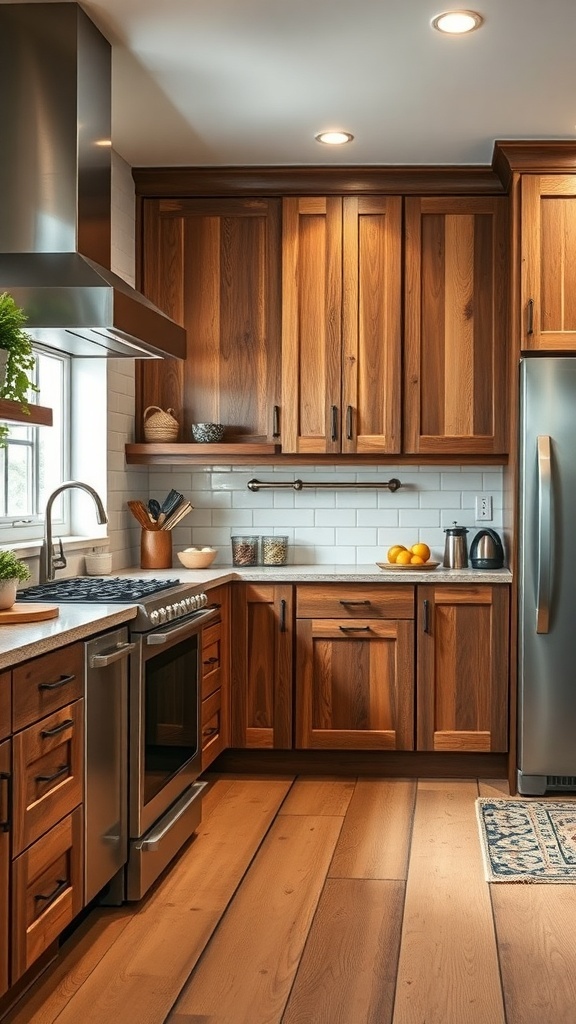 A modern rustic kitchen featuring stainless steel appliances and wooden cabinets.