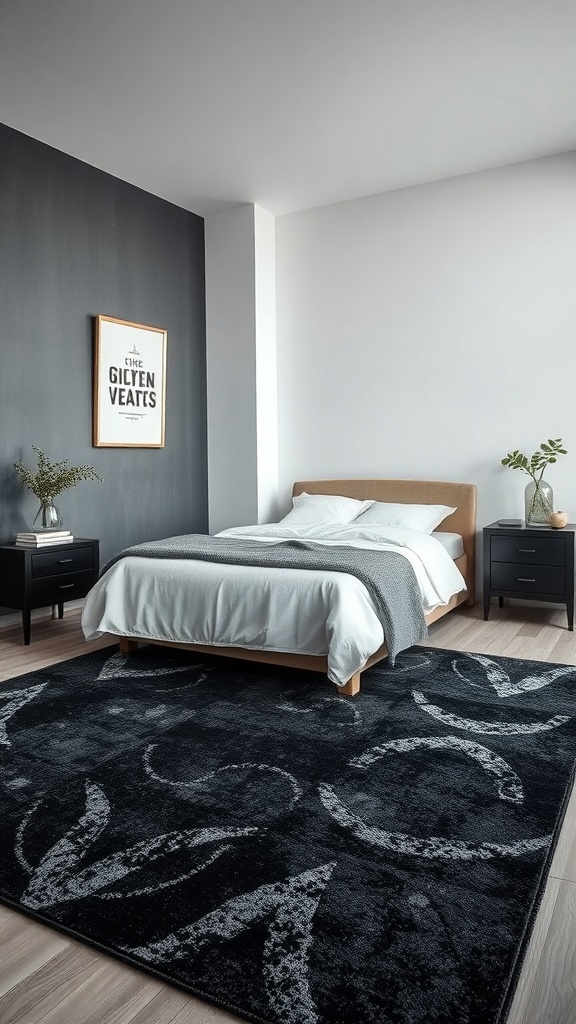A modern black and silver area rug in a stylish bedroom setting.
