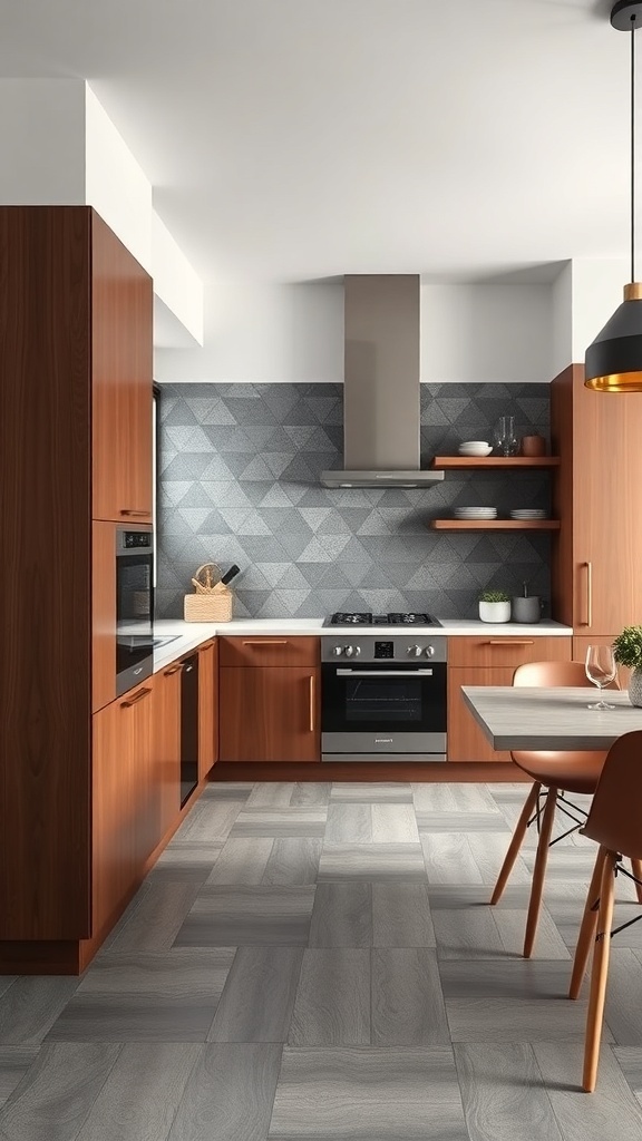 A modern kitchen featuring brown wood cabinets and a gray geometric backsplash.