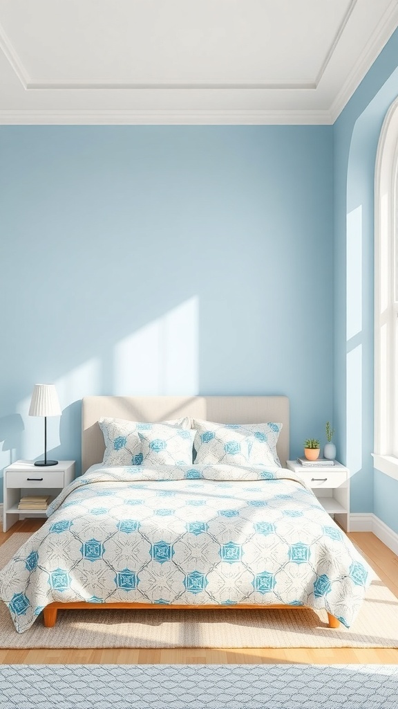 A light blue bedroom with geometric patterned bedding and a cozy atmosphere.