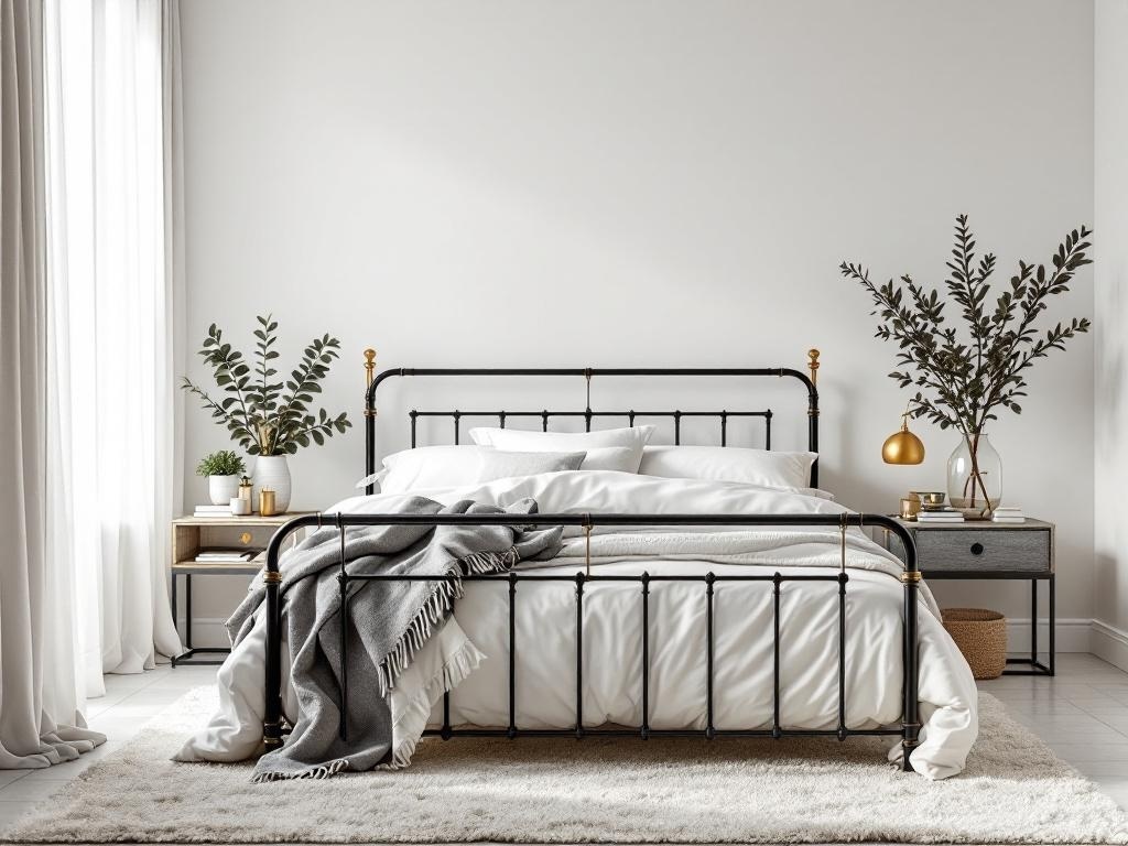 A modern bedroom featuring a black metal bed frame with gold accents, white bedding, and greenery.