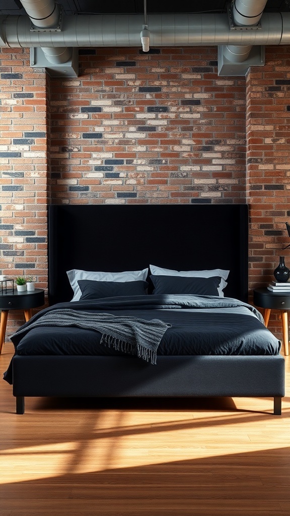 A modern industrial bedroom featuring a black velvet bed against exposed brick walls.