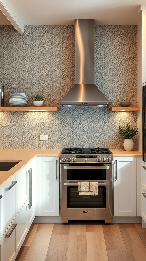 A modern kitchen featuring metallic wallpaper with a sleek design.