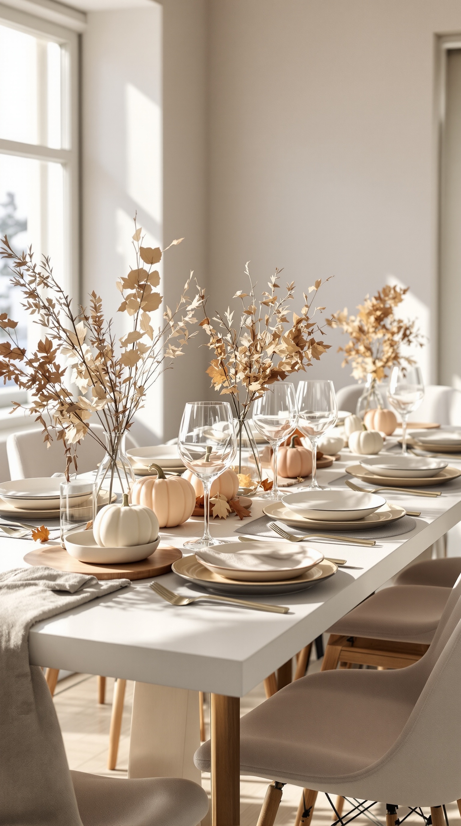 A modern minimalist Thanksgiving table setting with a wooden table, white chairs, and natural decor.