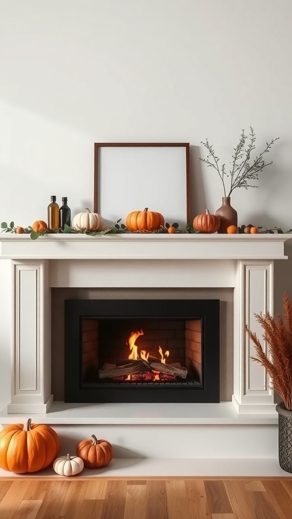 A modern fireplace mantle decorated with pumpkins, greenery, and a blank frame.
